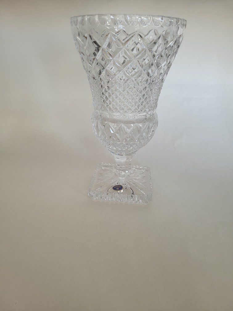 Bohemia Crystal Cut Glass Flower Vase Urn on Pedestal - Diamond Pattern Clear Glass