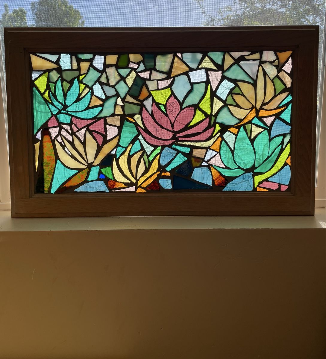 Framed & lighted stained glass mosaic lotus garden