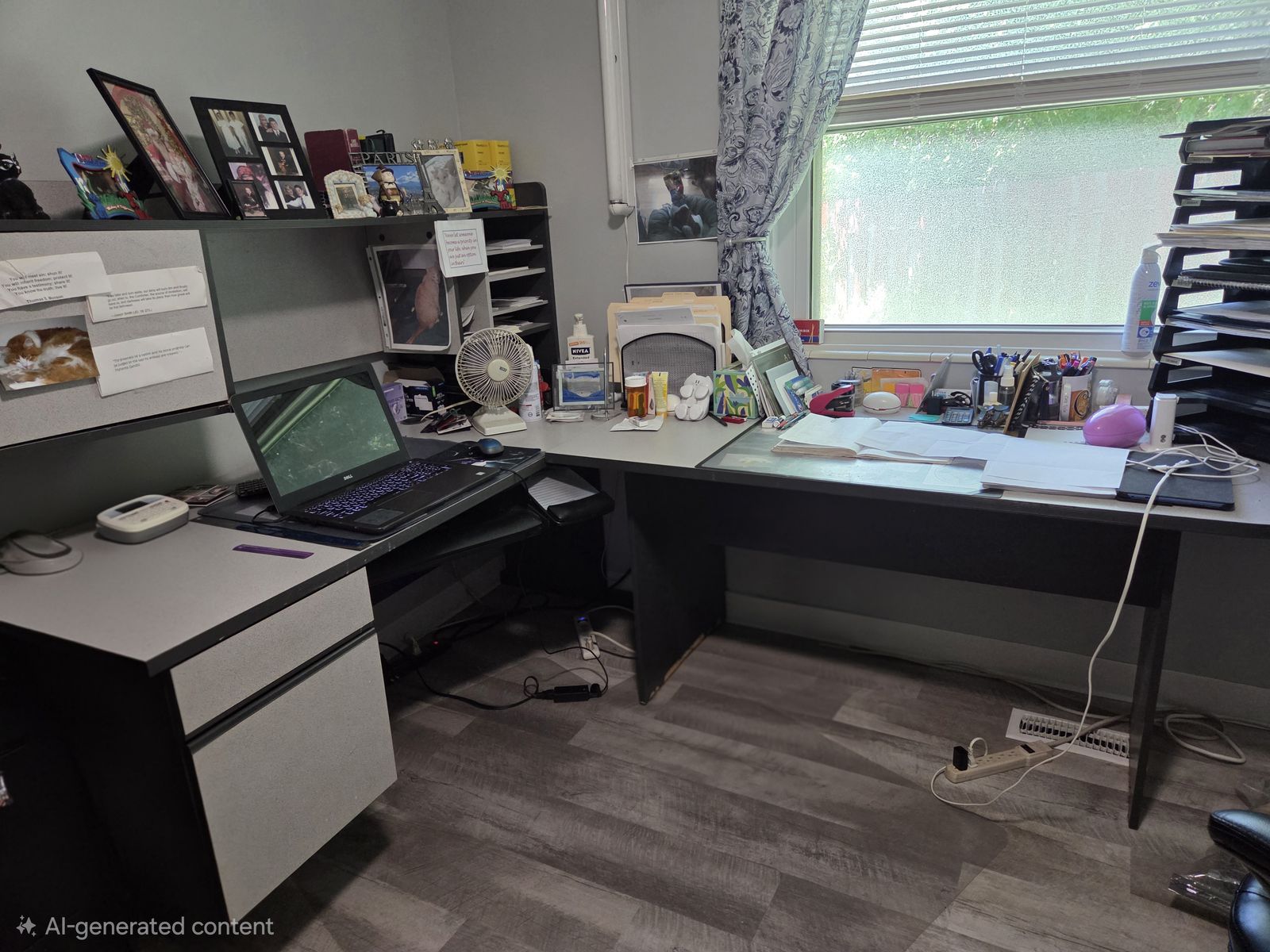 Used L-Shaped Office Desk with Filing Cabinet & Hutch - Gray & Black Laminate, Right Return