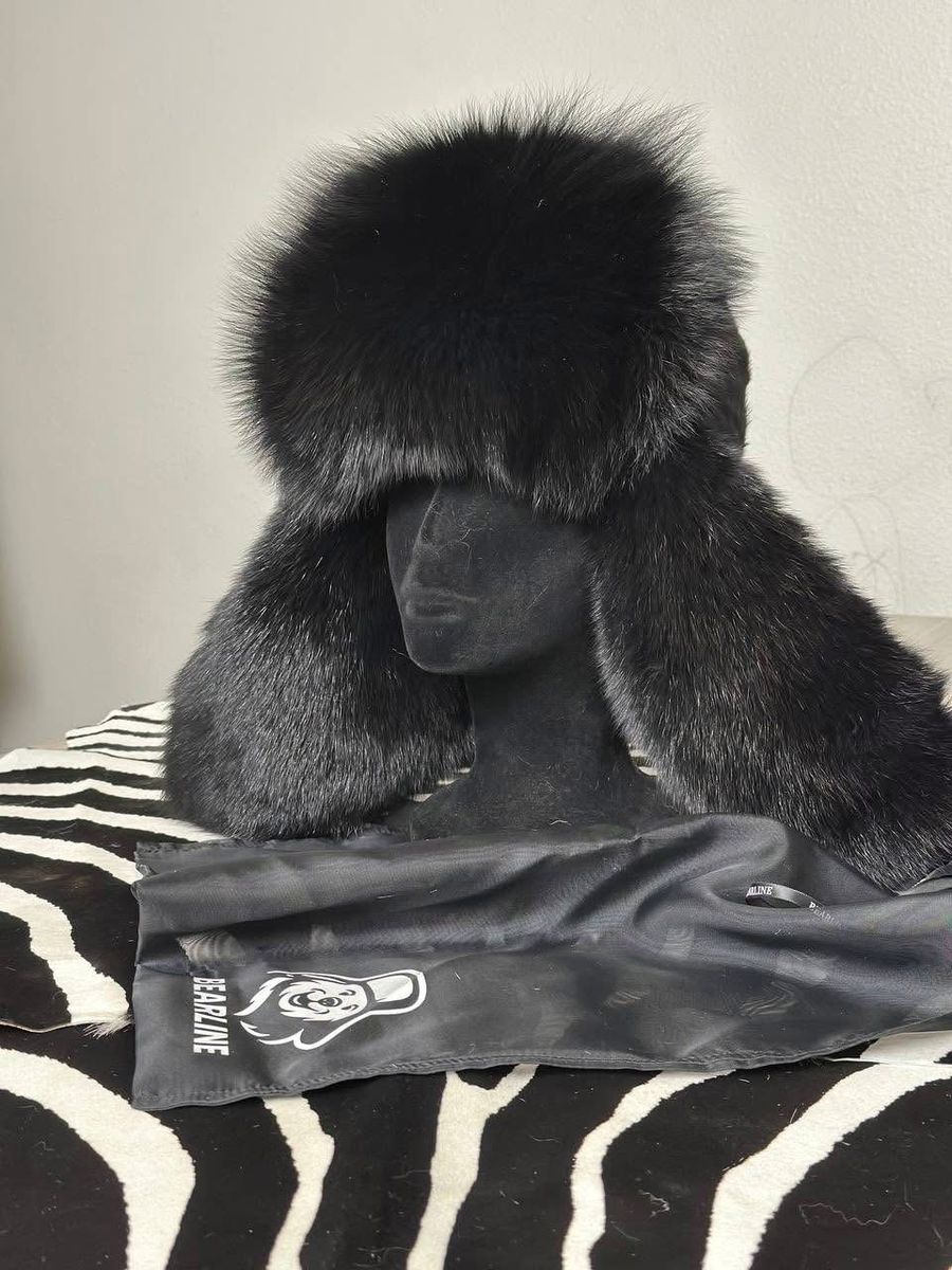 Bearline Black Fur Trapper Ushanka Hat Size L/XL with Dust Bag