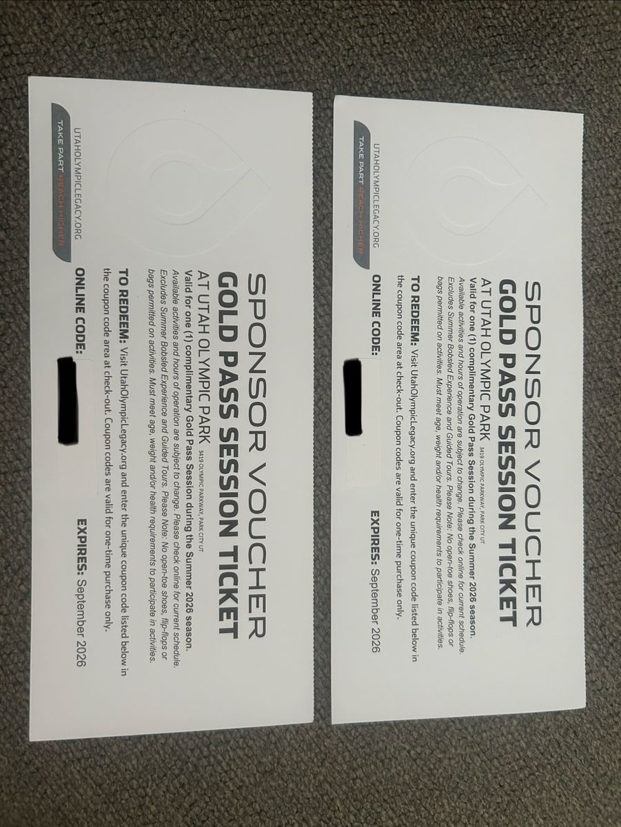 Utah Olympic Park Summer Gold Pass Voucher Tickets - Set of 2