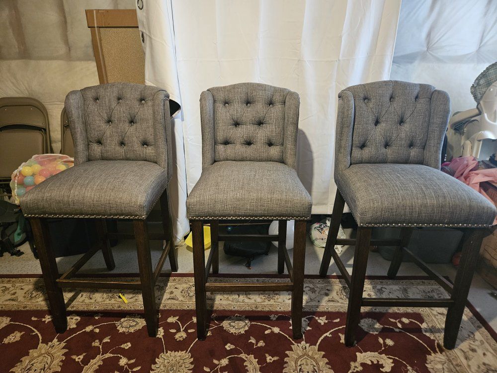 Set of 4 Gray Upholstered Tufted Bar Stools with Nailhead Trim