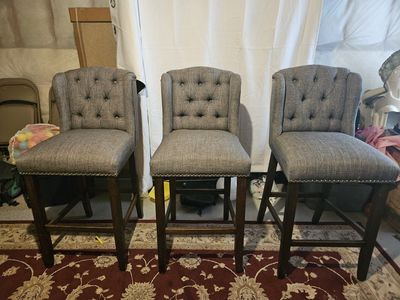 Set of 4 Gray Upholstered Tufted Bar Stools with Nailhead Trim