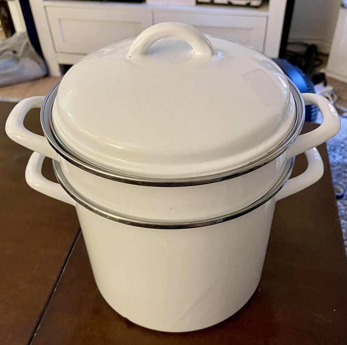 White Enamel Steamer Pot with Lid - Used