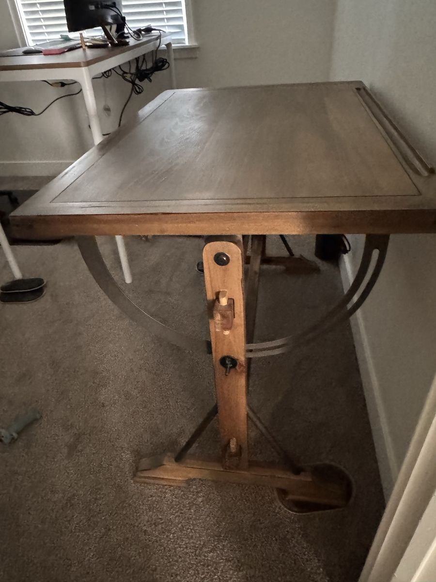 Vintage Industrial Style Adjustable Drafting Table Desk, Solid Wood Top