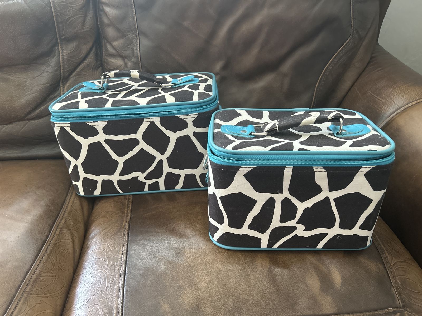 Black and White Giraffe Print Cosmetic Bags/Storage Organizers with Blue Trim - Set of 2