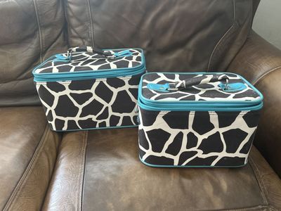 Black and White Giraffe Print Cosmetic Bags/Storage Organizers with Blue Trim - Set of 2