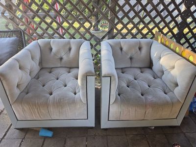 Pair of Tufted Upholstered Armchairs - Light Grey with Nailhead Trim, Accent Chairs