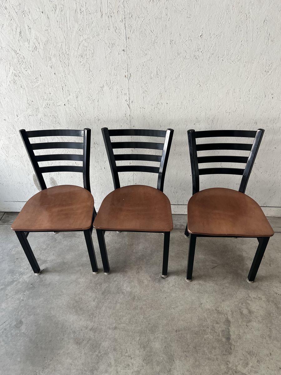 Set of 3 Vintage Black Metal Frame Ladder Back Dining Chairs with Wood Seats