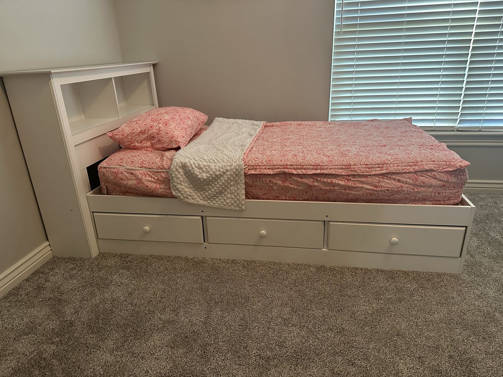 White Twin Captain's Bed with Bookcase Headboard and 3 Drawers