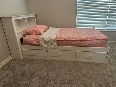 White Twin Captain's Bed with Bookcase Headboard and 3 Drawers