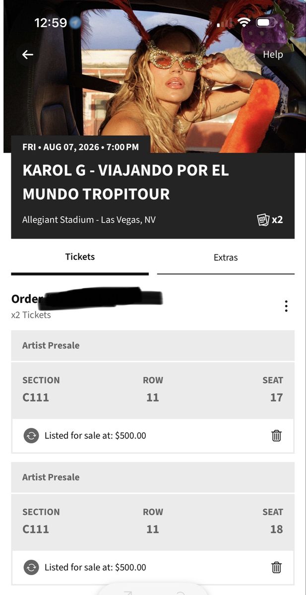 2 Karol G Tropitour Tickets - Allegiant Stadium Las Vegas - Aug 7, 2026 - Sec C111 Row 11
