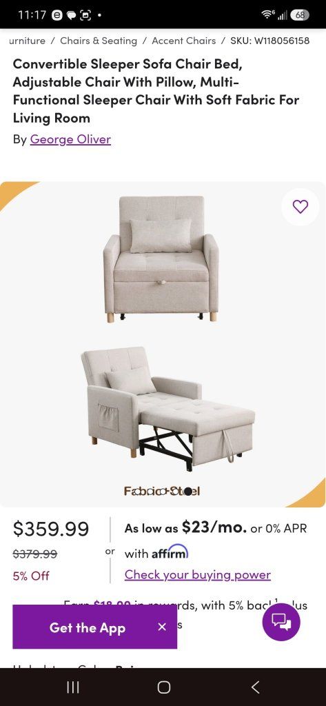 George Oliver Convertible Sleeper Sofa Chair Bed - Multi-functional Adjustable with Pillow, Soft Fabric