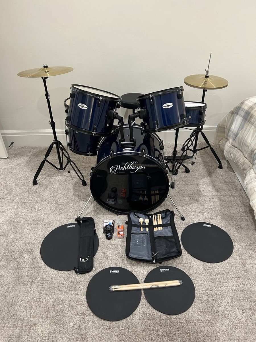 Ashthorpe 5-Piece Complete Full Size Adult Drum Set with Cymbals & Hardware - Blue