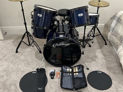 Ashthorpe 5-Piece Complete Full Size Adult Drum Set with Cymbals & Hardware - Blue