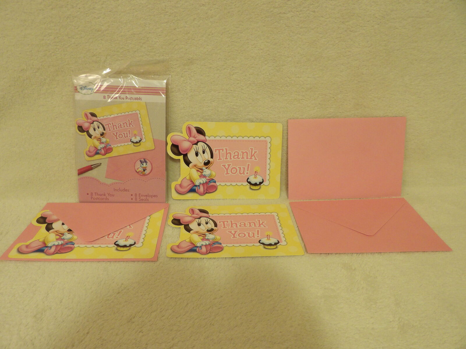 11 Pink Baby Minnie Mouse 1st Birthday Thank You Postcards with Envelopes & Seal Stickers ~ Stationery