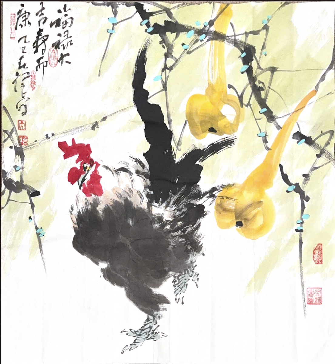 Original Chinese Painting - Rooster & Gourd - Hand Painted Art