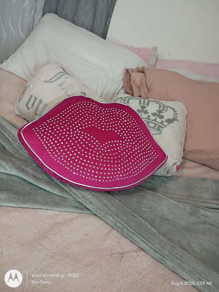 Juicy Couture Pink Rhinestone Lips Decorative Throw Pillow with Silver Trim
