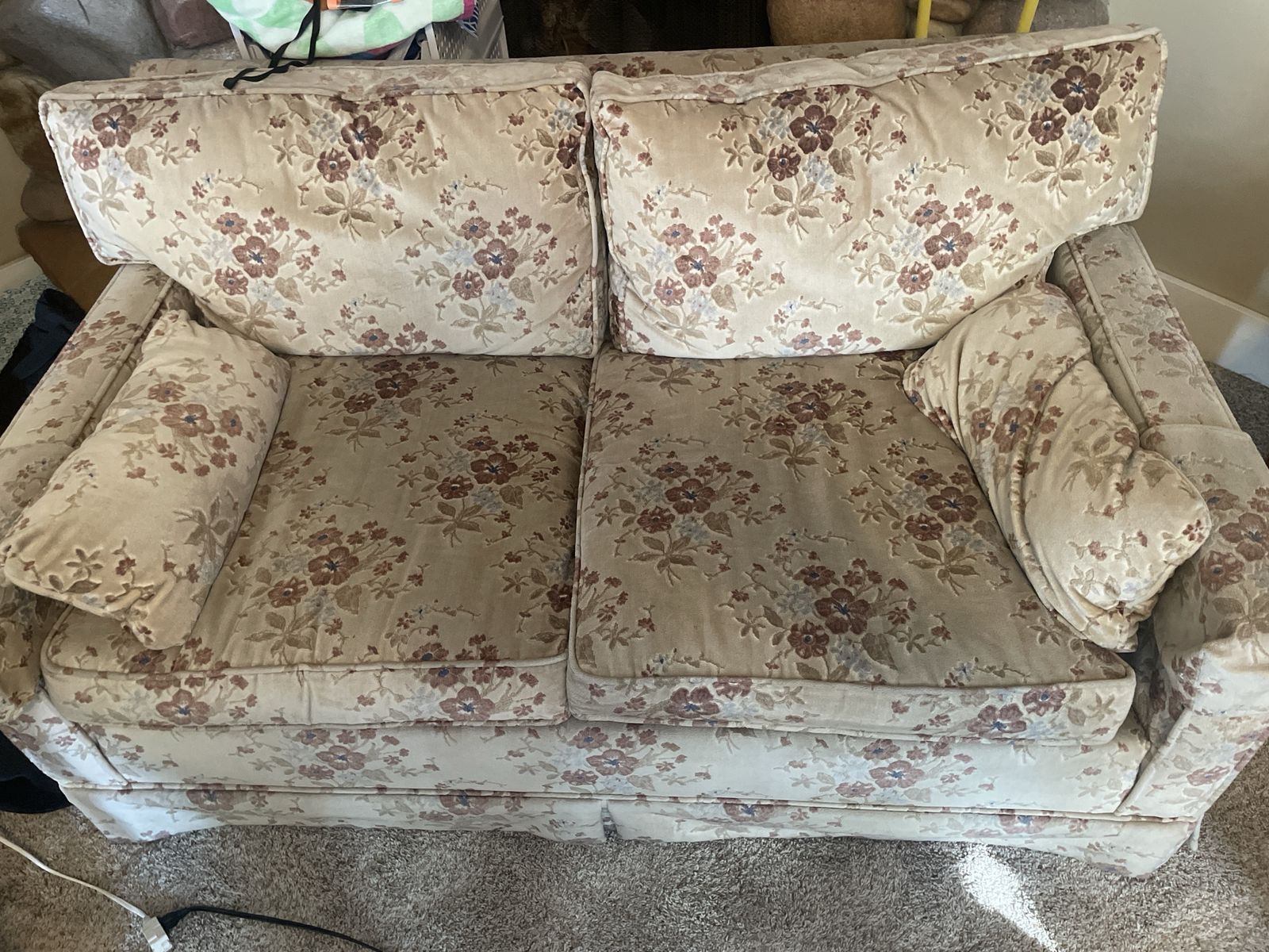 Vintage Floral Patterned Fabric Loveseat Sofa with Arm Pillows