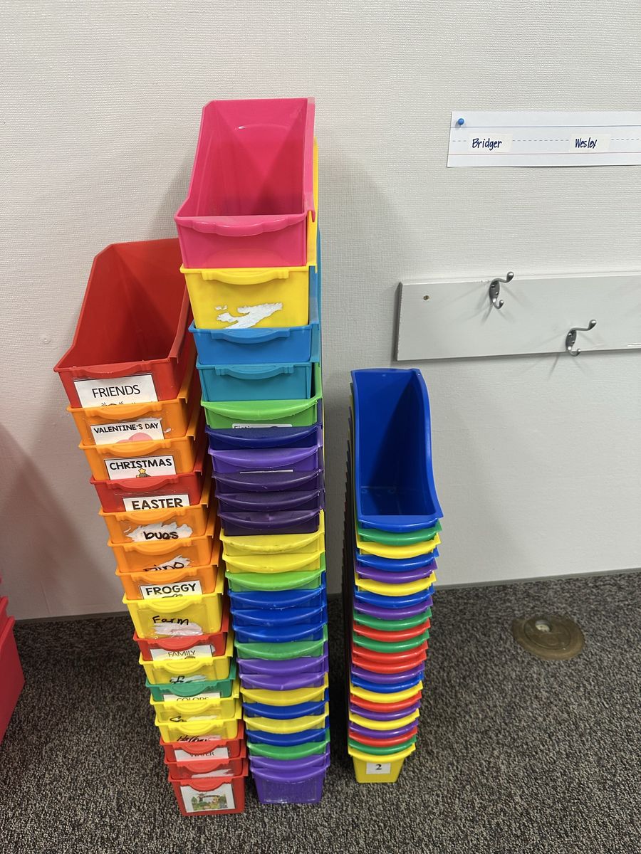 Colorful Plastic Book Bins and Storage Organizer Trays Bulk Lot for Classroom