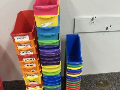 Colorful Plastic Book Bins and Storage Organizer Trays Bulk Lot for Classroom