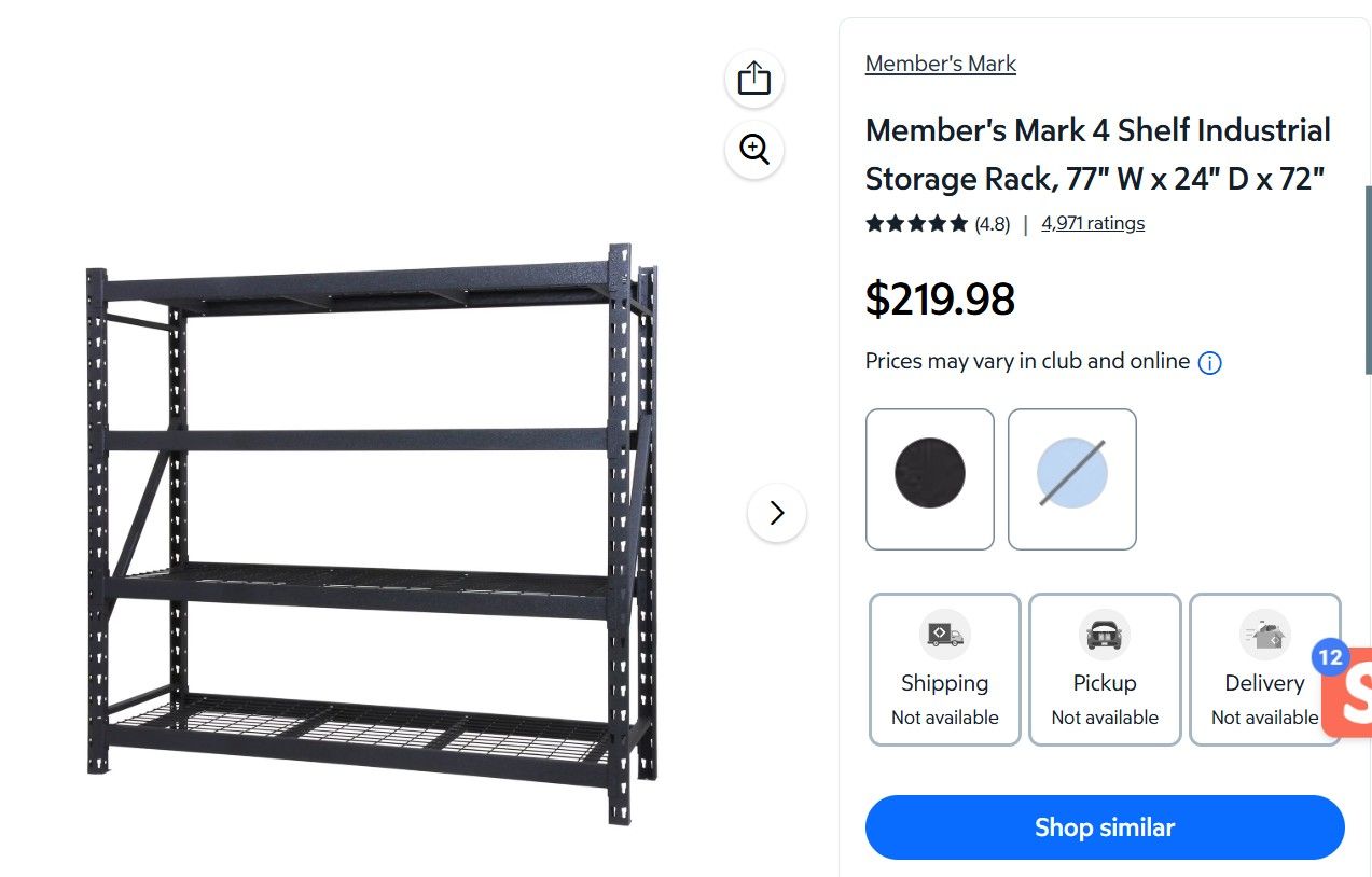 Member’s Mark 4-Shelf Industrial Storage Racks — Heavy Duty 77” x 24” x 72”