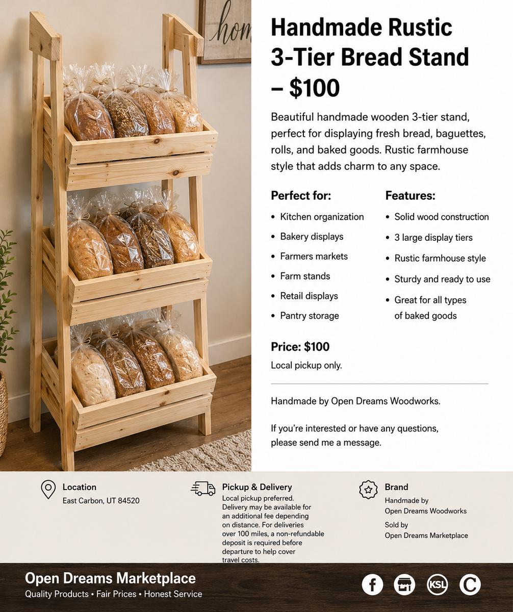 Handmade Rustic 3-Tier Bread Display Stand – $100