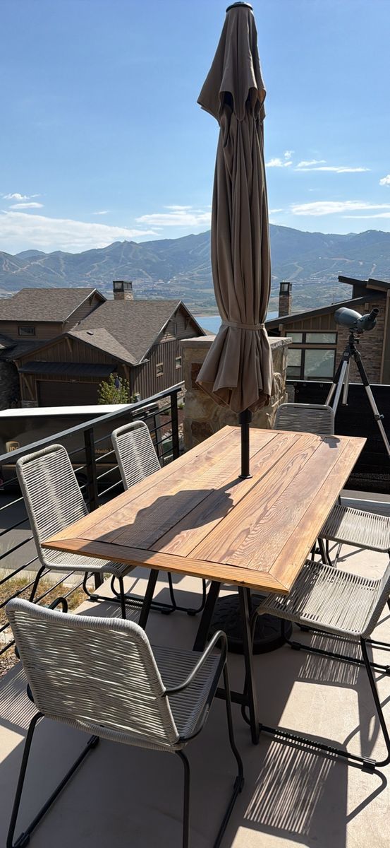 Outdoor Patio Dining Set with LED lighted Umbrella - Redwood Table, 6 Rope Chairs 34” x 75”