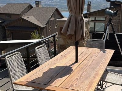 Outdoor Patio Dining Set with LED lighted Umbrella - Redwood Table, 6 Rope Chairs 34” x 75”