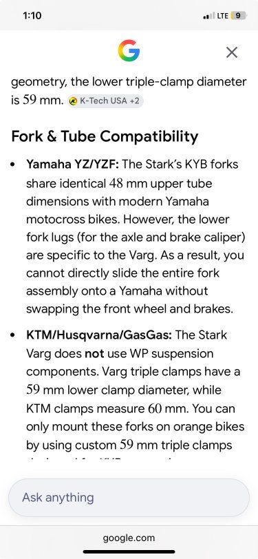 Stark Varg Motorcycle Front Fork Suspension Tubes - For KTM/Husqvarna/GasGas (59mm clamp)