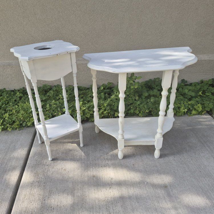 Vintage Painted White Wooden Side Table and Plant Stand Set