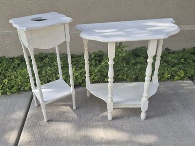 Vintage Painted White Wooden Side Table and Plant Stand Set