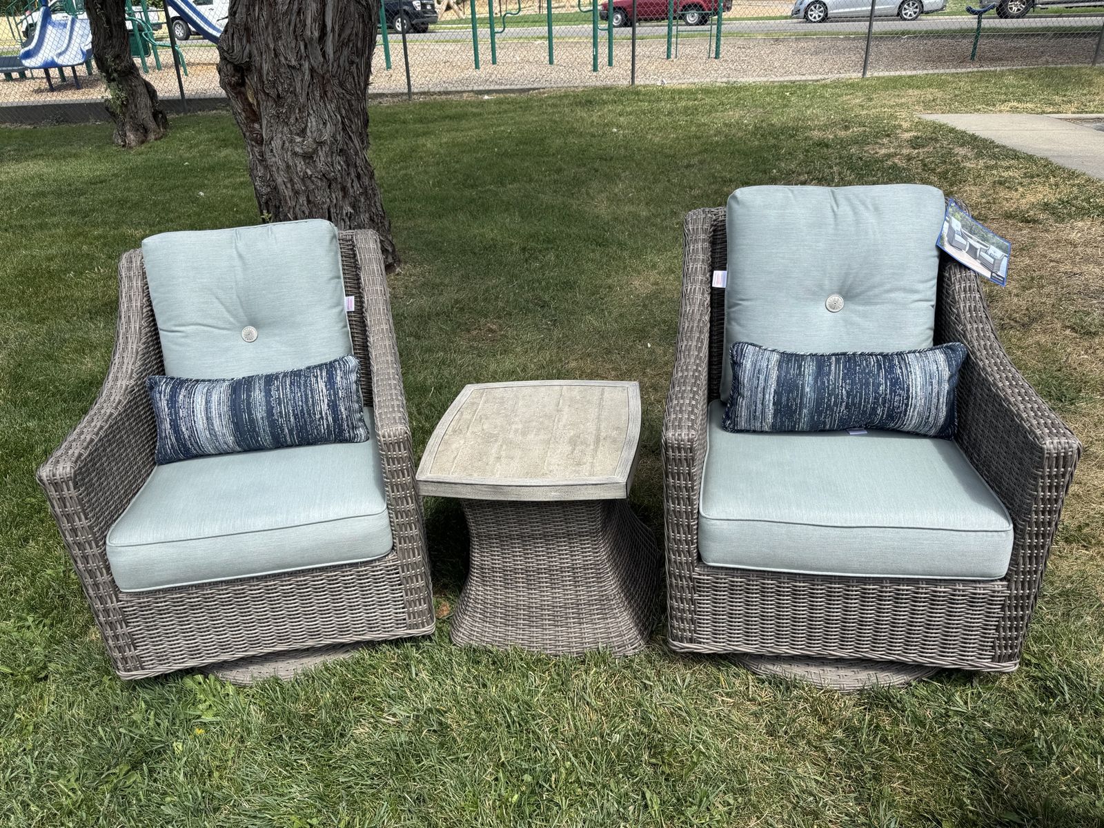 Outdoor Wicker Swivel Chairs & End Table Set - Gray Wicker with Blue Cushions, Patio Furniture