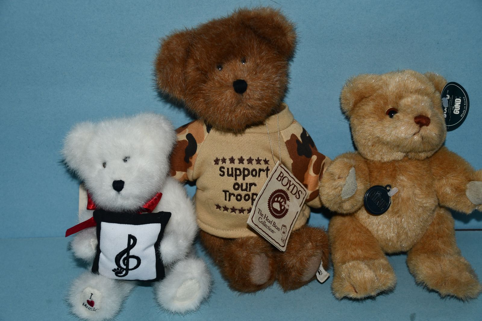 3 VINTAGE TEDDY BEARS with TAGS ~ BOYDS BEARS & GUND ~ MUSIC ~ SUPPORT OUR TROOPS ~ CLEAN ~ ALL FOR $5