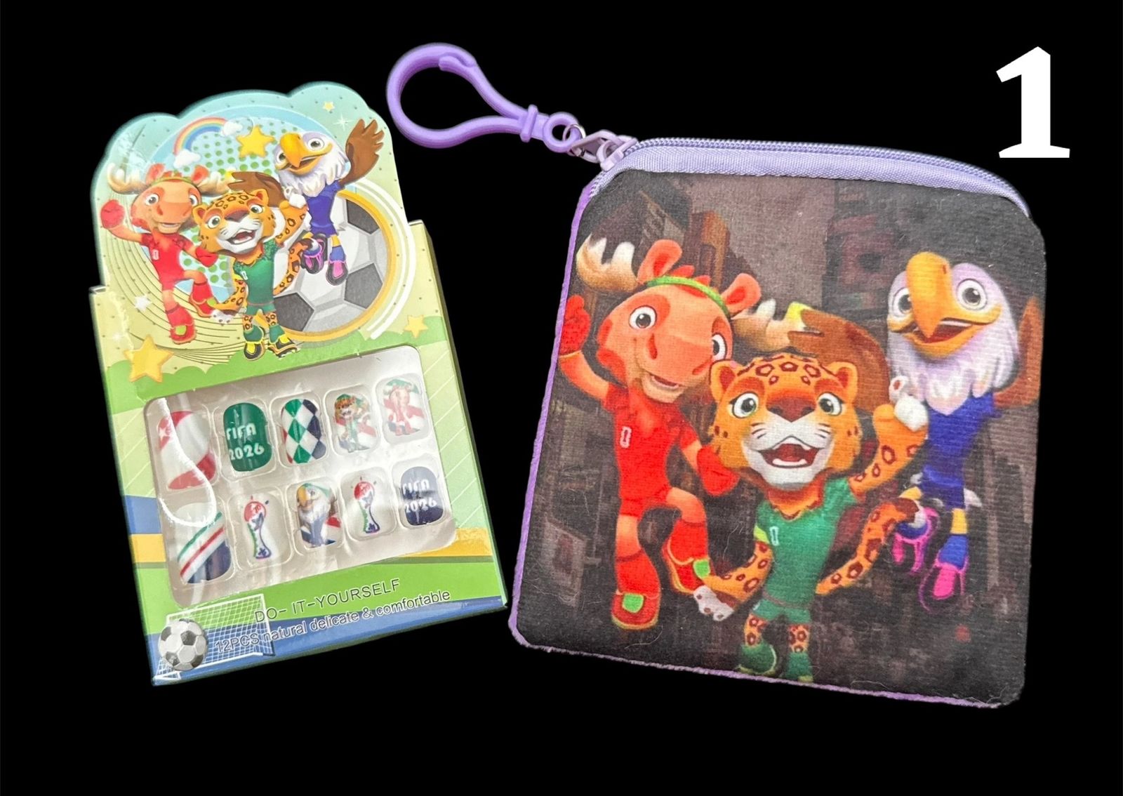 FIFA 2026 Themed Kids 12PC Press-On Nails & Coin Purse Set - World Cup Mascots