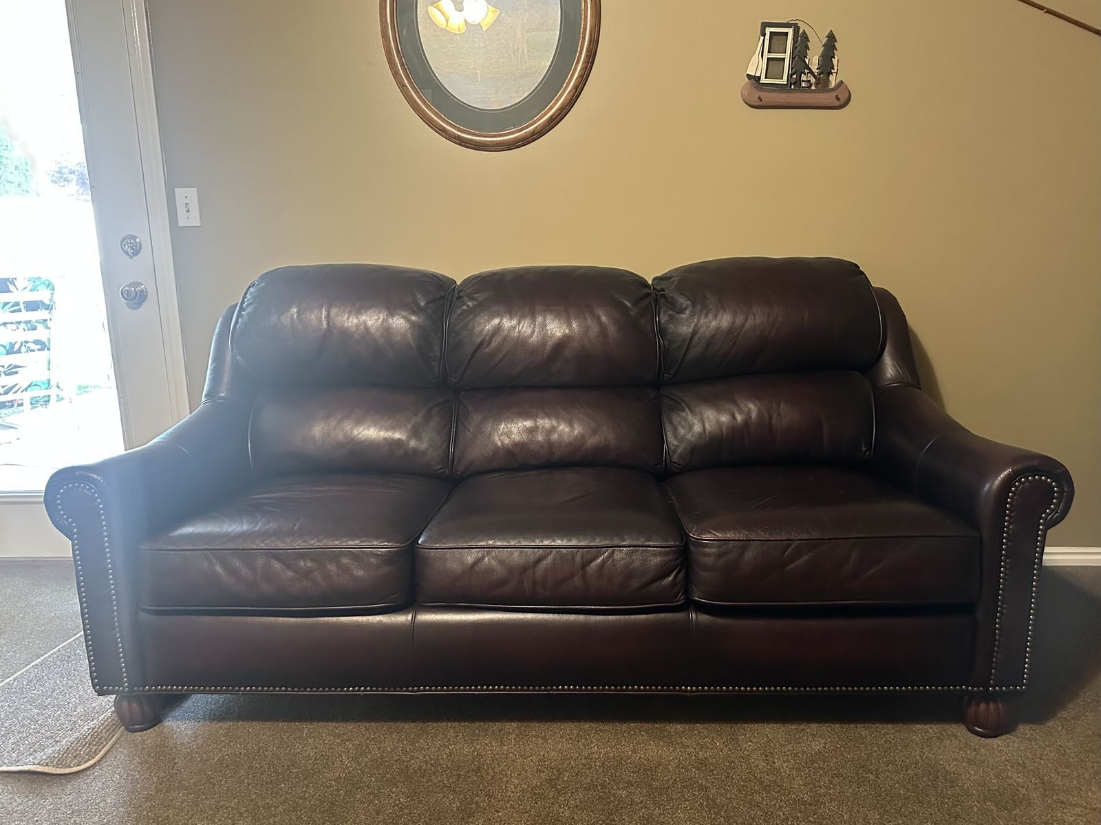 Brown Leather Sofa, Loveseat & Recliner Set - Nailhead Trim