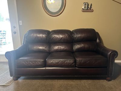 Brown Leather Sofa, Loveseat & Recliner Set - Nailhead Trim