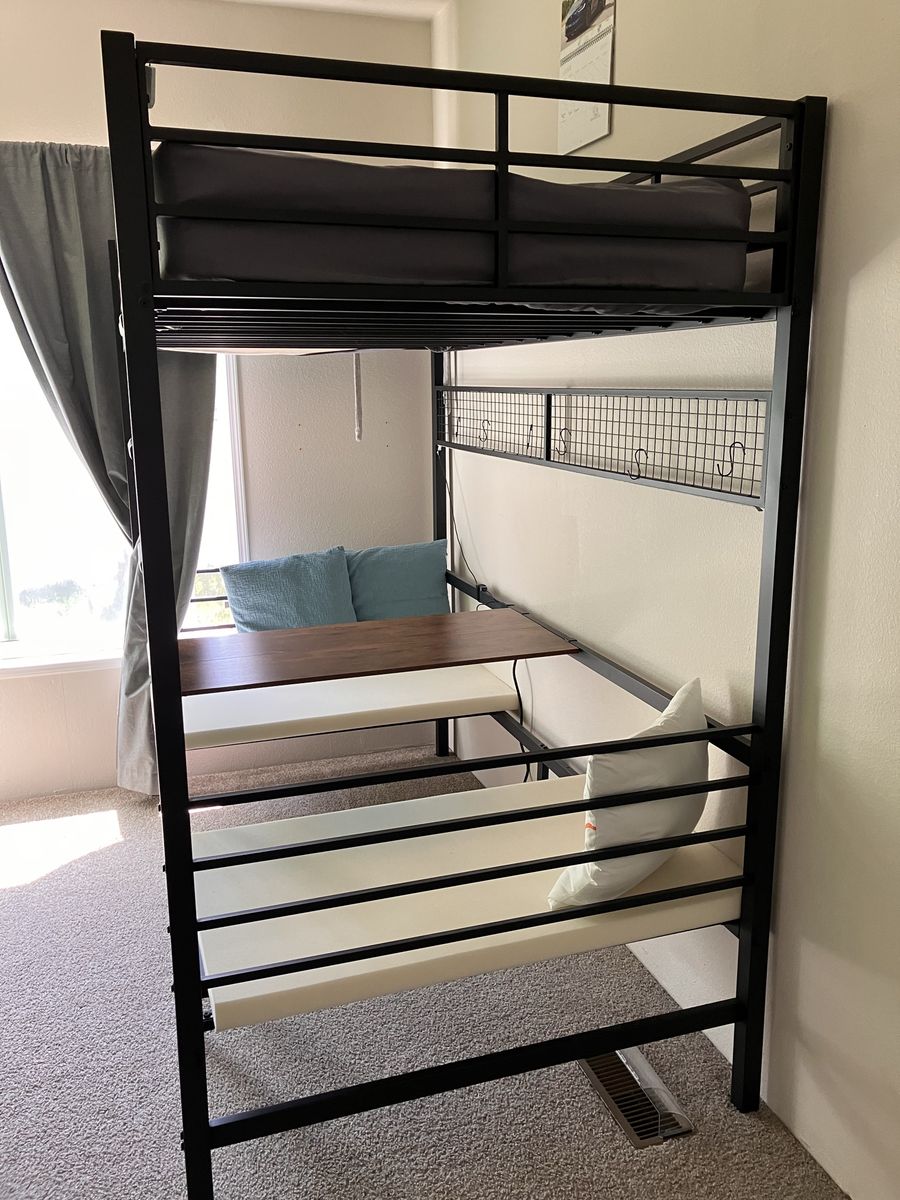 Black Metal Loft Bed Frame with Desk and Seating