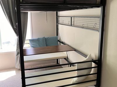 Black Metal Loft Bed Frame with Desk and Seating