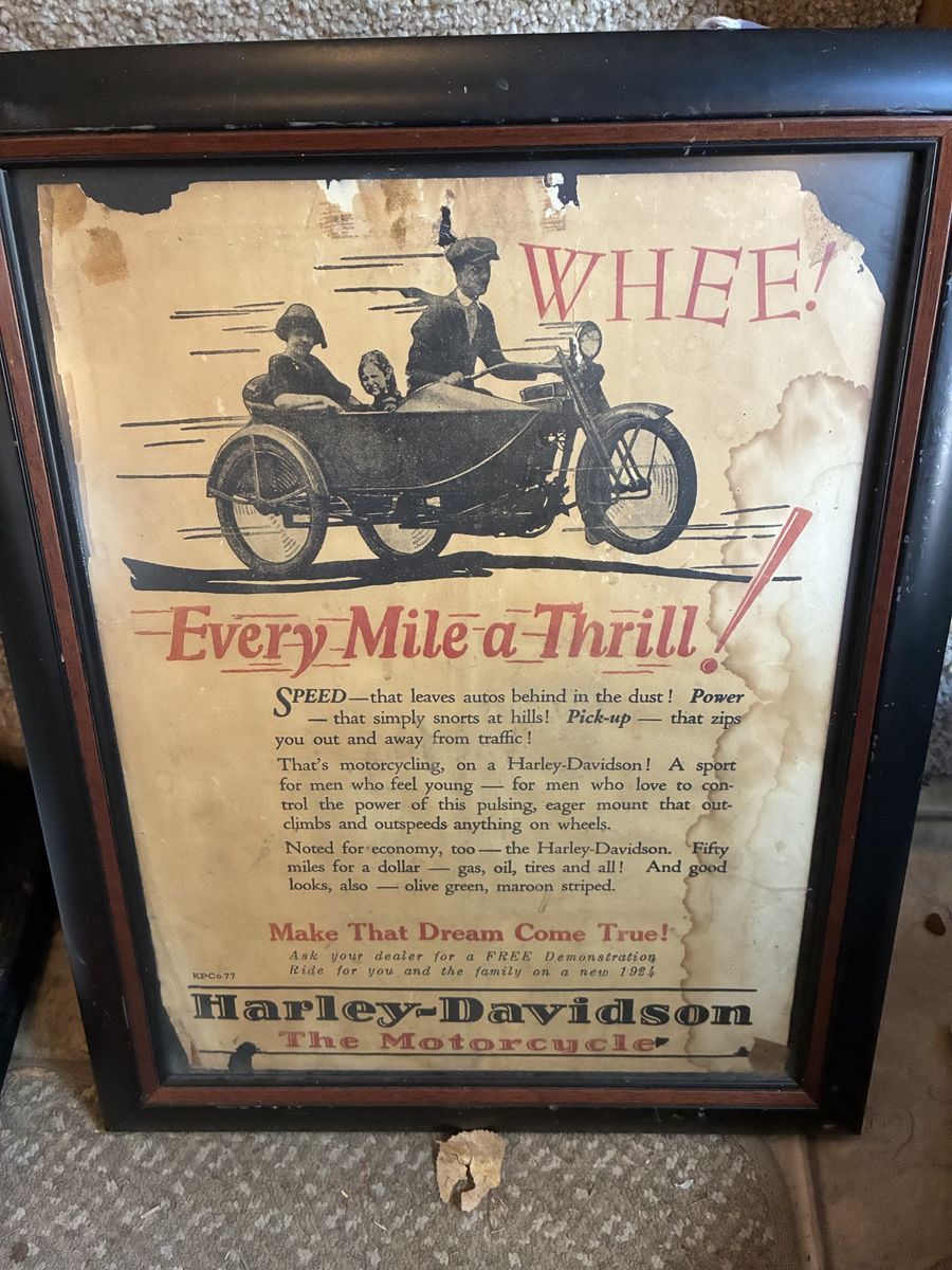 Framed Genuine 1924 Harley-Davidson Motorcycle Ad 