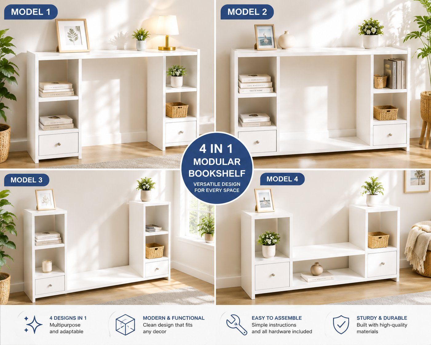 WHITE LED DESK BOOKSHELF WITH 6 SHELVES & 2 DRAWERS – 47.2" DESKTOP ORGANIZER NEW BRAND.