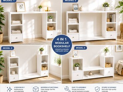 WHITE LED DESK BOOKSHELF WITH 6 SHELVES & 2 DRAWERS – 47.2" DESKTOP ORGANIZER NEW BRAND.