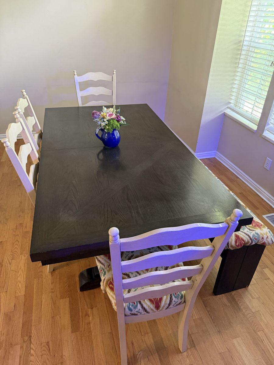 Beautiful, SOLID wood table with 5 chairs & bench