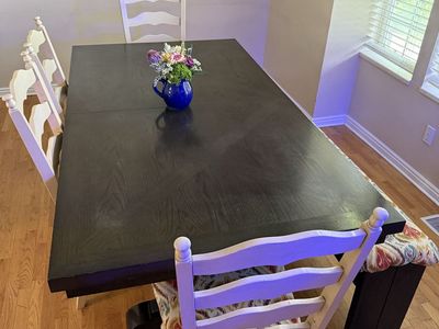 Beautiful, SOLID wood table with 5 chairs & bench