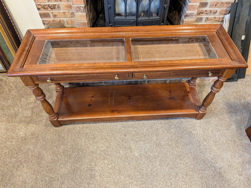 Vintage Wood Console Table with Glass Top Display Case and Storage