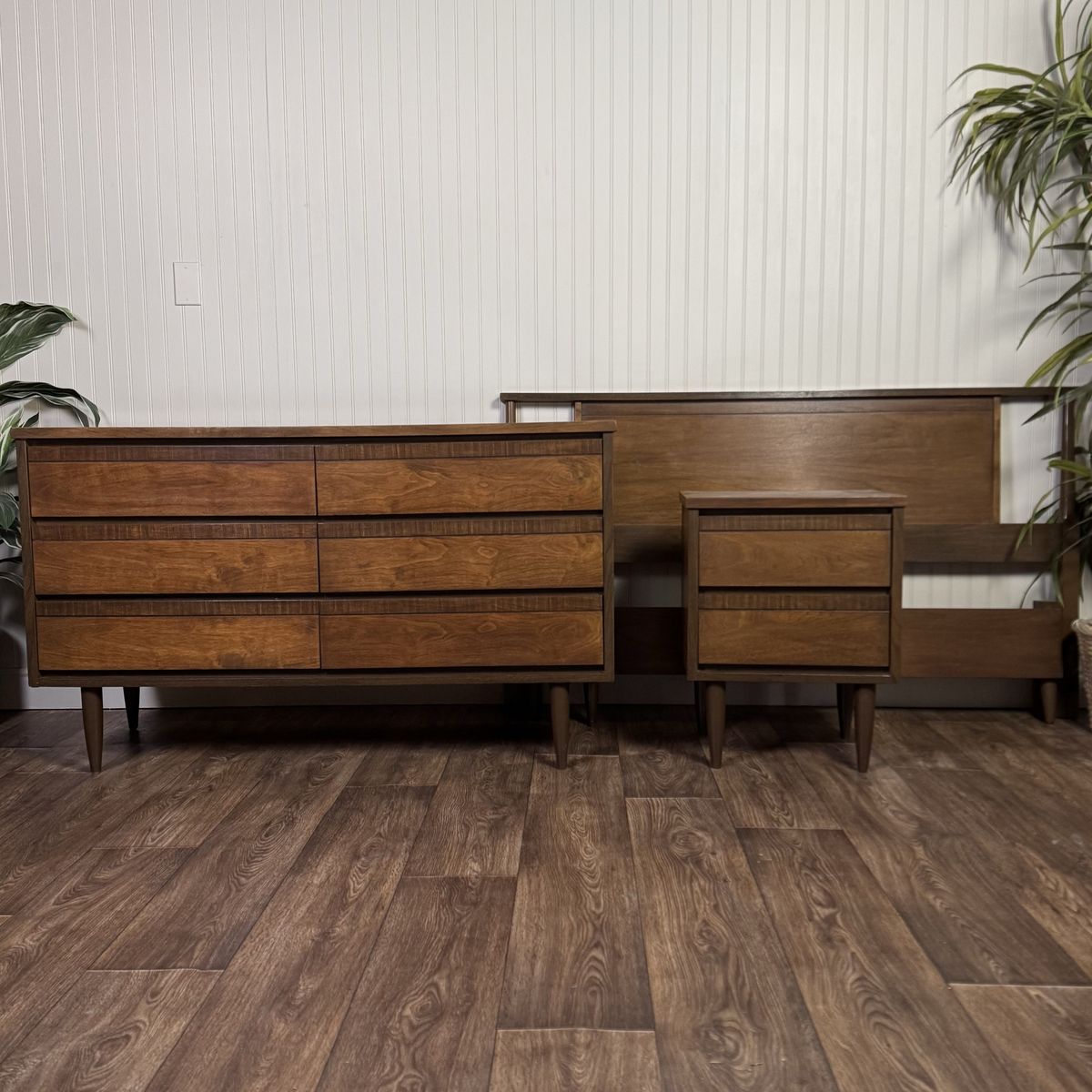 Mid-Century Modern Bedroom Set - Dresser, Nightstand, and Full-Size Bed