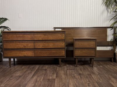 Mid-Century Modern Bedroom Set - Dresser, Nightstand, and Full-Size Bed