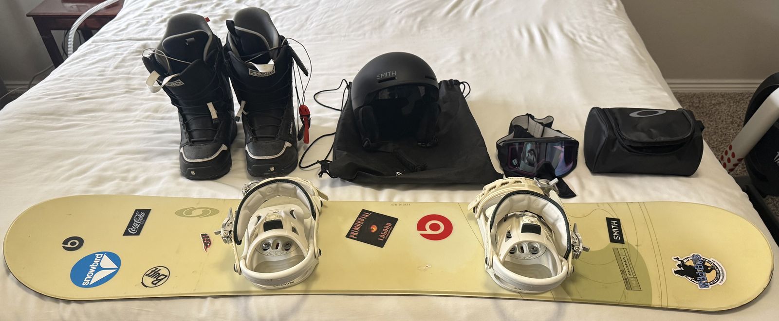 Salomon Snowboard 145, boots, helmet, goggles