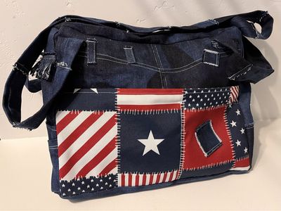 Handmade Upcycled Denim & Flag Patchwork Tote Bag - Unique Patriotic Shoulder Bag