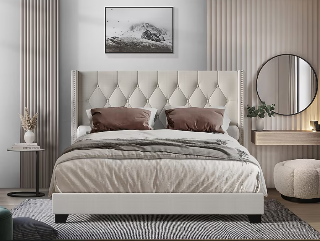 HOME DESIGN QUEEN Danbury Tufted Upholstered Panel Bed, Wingback Headboard with Chrome Nailhead Trim, Warm Gray